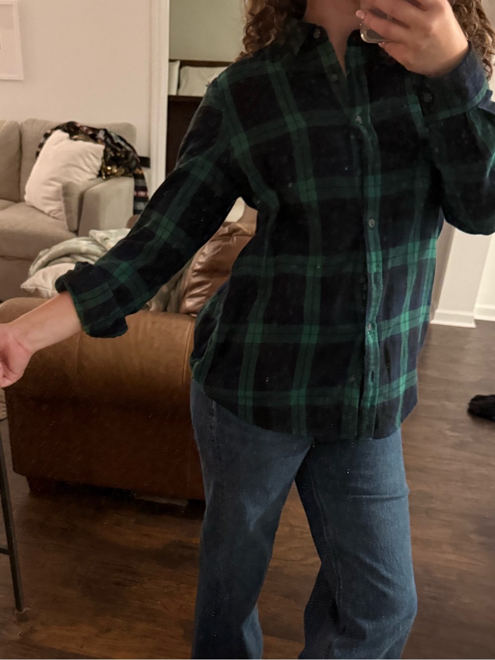 Green and Navy Plaid Button-Up Shirt